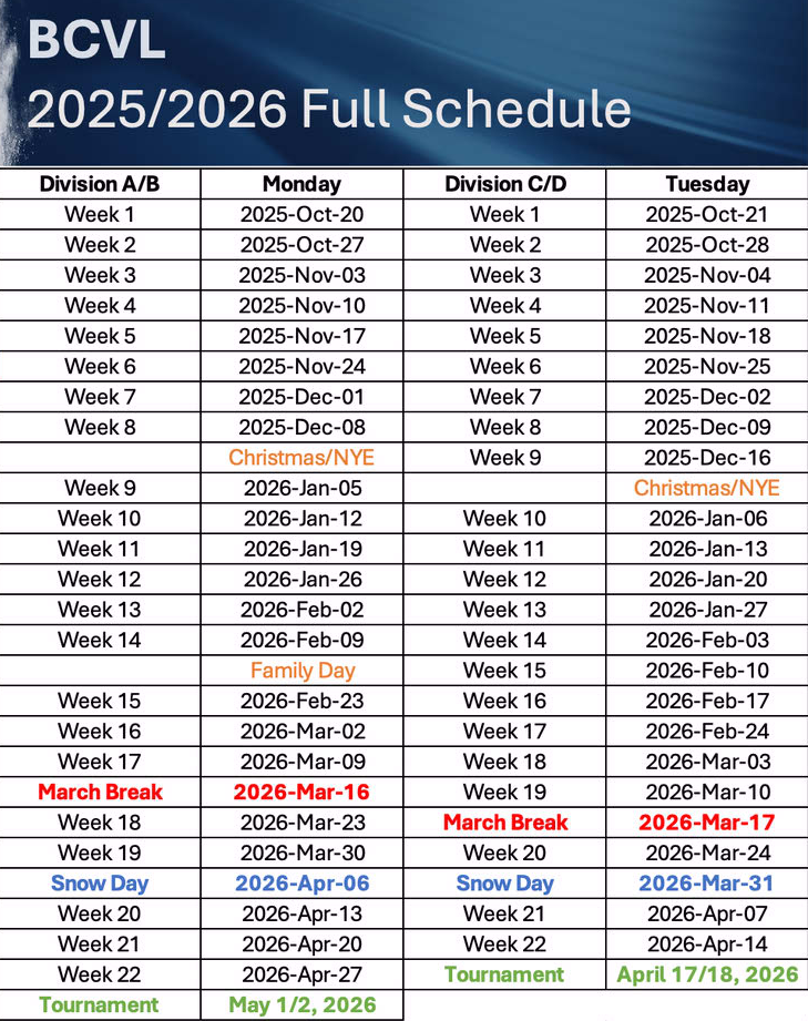 BCVL 2025-2026 Full Schedule